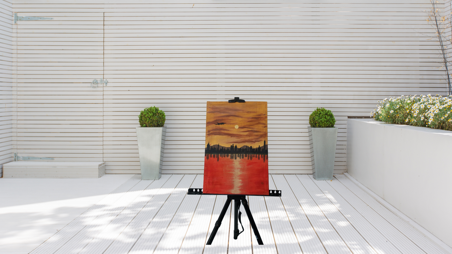 Urban Sunset Reflection Hand-Painted Canvas
