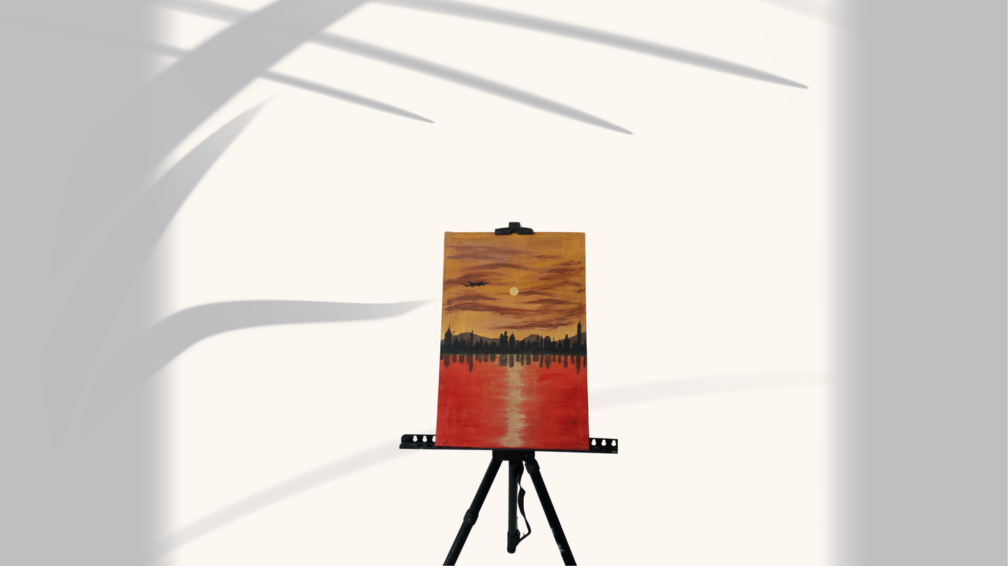 Urban Sunset Reflection Hand-Painted Canvas