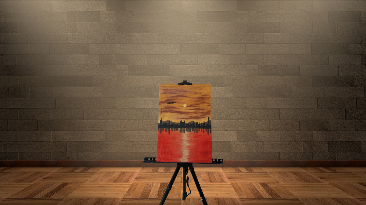 Urban Sunset Reflection Hand-Painted Canvas