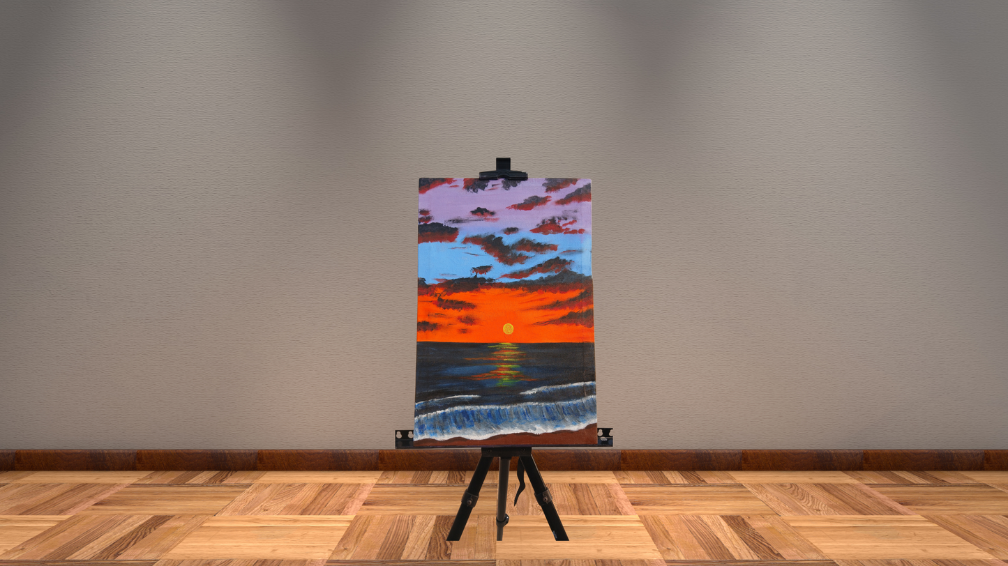 Fiery Ocean Sunset: Hand-Painted Canvas