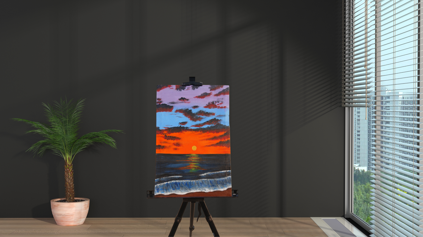 Fiery Ocean Sunset: Hand-Painted Canvas