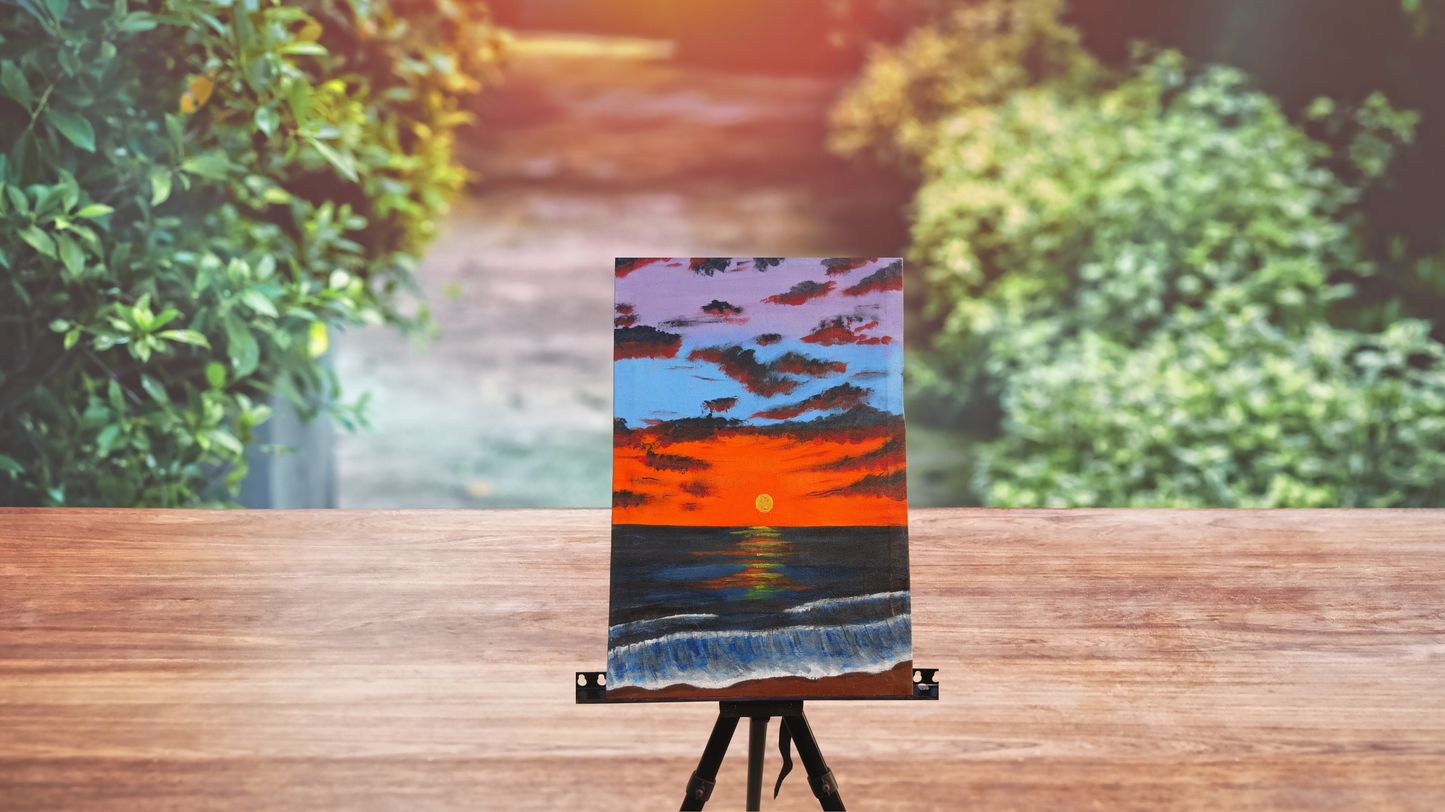 Fiery Ocean Sunset: Hand-Painted Canvas
