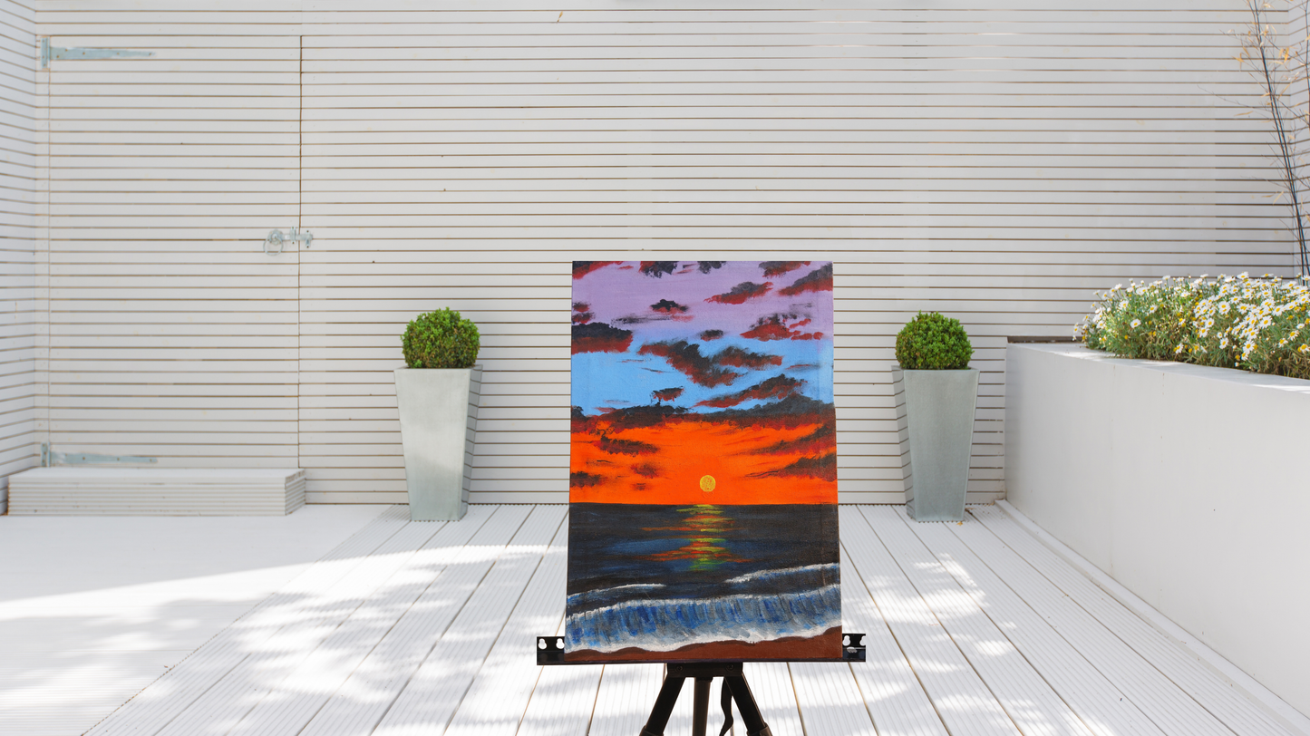 Fiery Ocean Sunset: Hand-Painted Canvas
