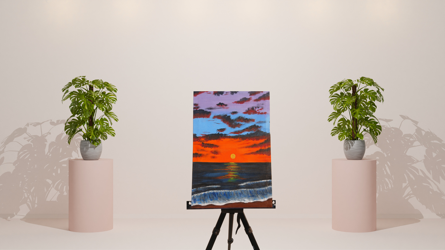 Fiery Ocean Sunset: Hand-Painted Canvas