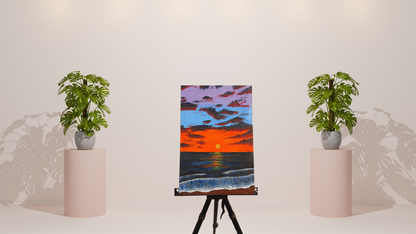 Fiery Ocean Sunset: Hand-Painted Canvas