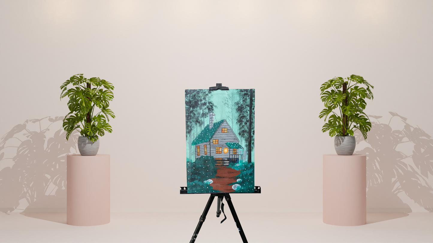 Cozy Forest Retreat: Hand-Painted Canvas