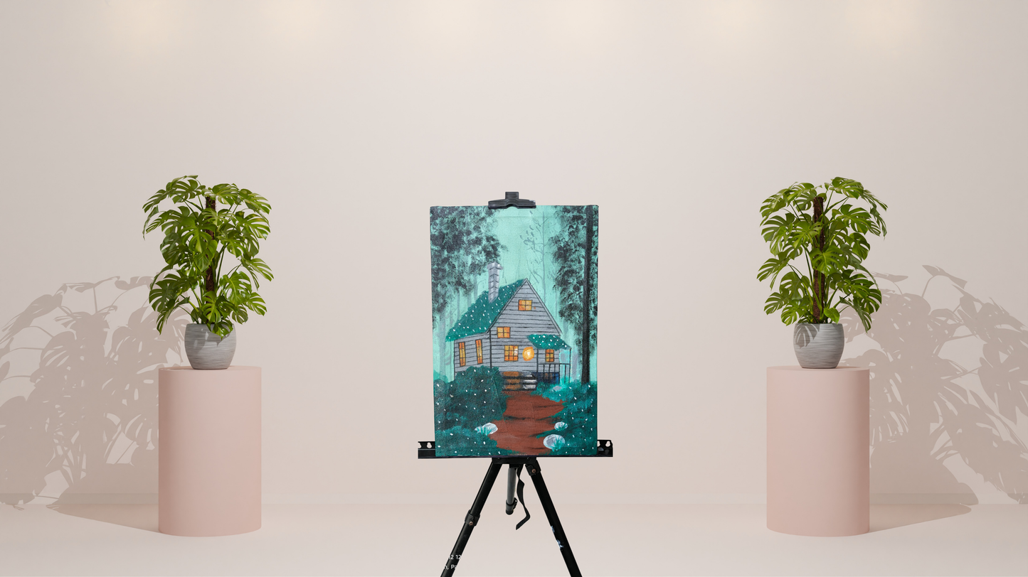 Cozy Forest Retreat: Hand-Painted Canvas