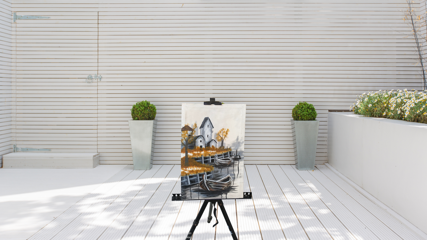 Old World Harbor Calm: Hand-Painted Canvas